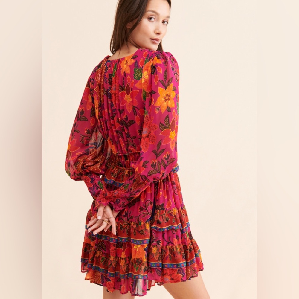 Farm Rio Tropical Tapestry Mini Dress Long Sleeve Floral Pink Size Medium - Picture 3 of 16